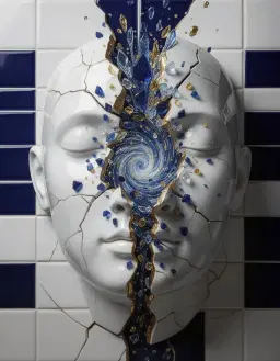 a serene porcelain face sculpted from smooth white tiles, cracked open down the center, with a high‑energy vortex of glass fragments erupting from the rift, rendered in a stately royal blue and rich gold palette with ivory accents and navy shadows, high contrast sharp tile lines and glossy reflections, deep royal blue and gold palette, ivory highlights, navy shadow ambience.