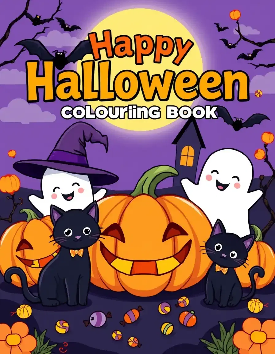 A cute and bold digital illustration for a children’s Halloween coloring book It should feature friendly cartoon Halloween elements like smiling pumpkins, ghosts, black cats, bats, witches’ hats, candy, and a full moon. The design should be colorful, bright, and playful — not scary — with a cozy and fun atmosphere. Keep the layout balanced so there’s enough empty space at the top and bottom for me to later add the title and author name. Do not add any text on the cover don’t write Halloweencoloring book on it 