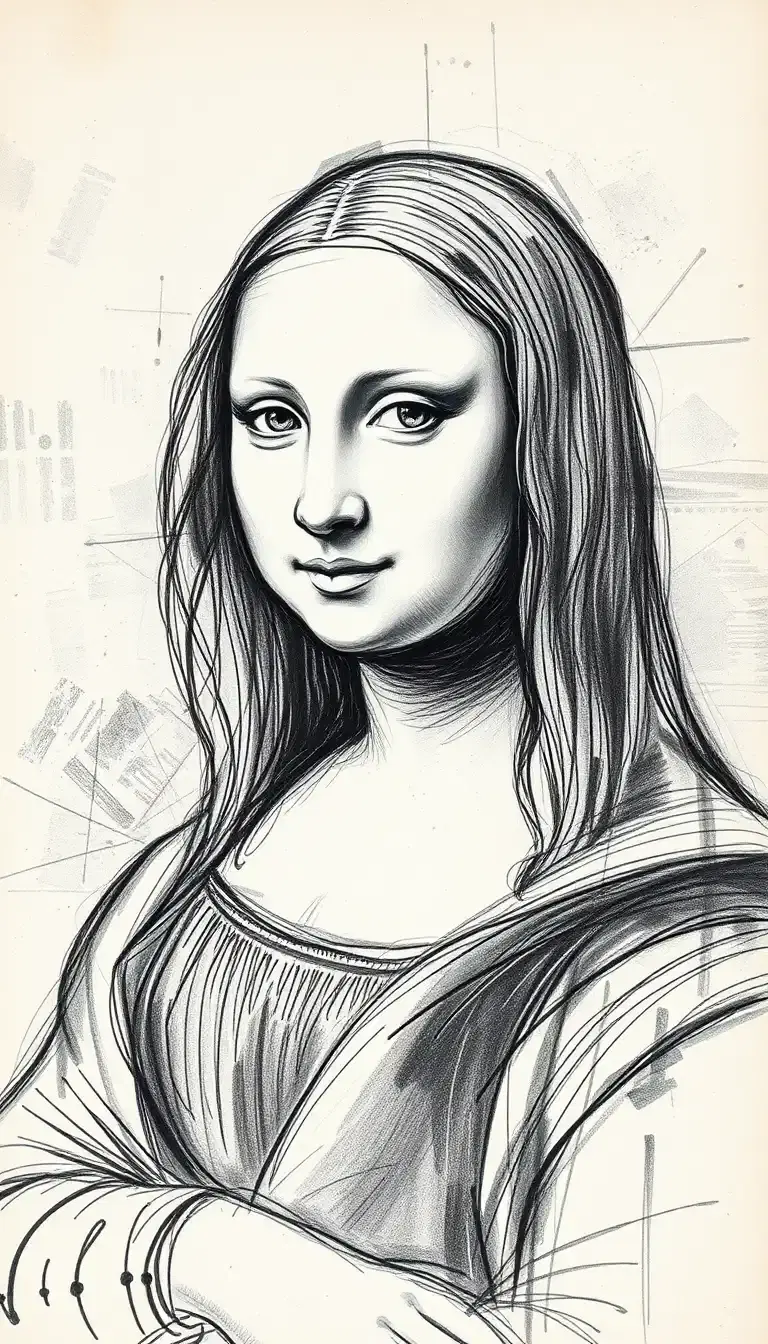 A detailed Portrait ,rough charcoal sketch on old paper, The Mona Lisa as theclean line art:: expressive line,in the style of expressive sketch drawing, hatching, color sketch, hand drawing, sketching, linear style:, in the style of Rolf Armstrong, Frank Frazetta, Jeremy Mann, Carne Griffiths, Robert Oxley, illustration, painting, architecture, dark fantasy