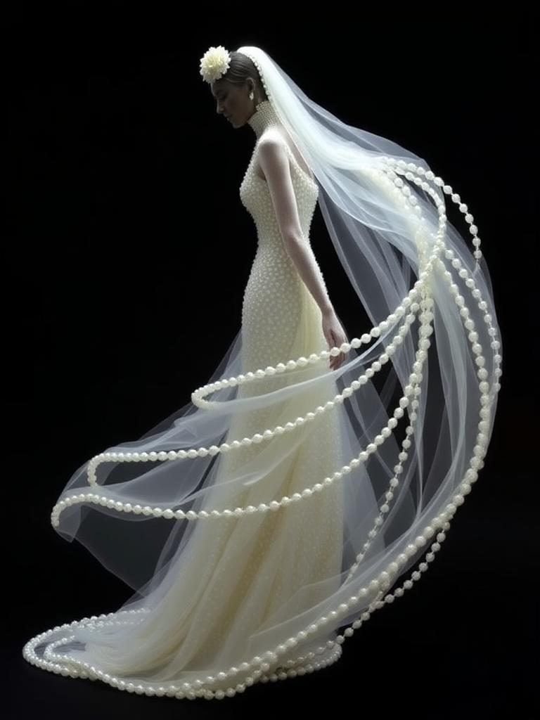 "A hyper-modern pearl wedding dress with a duplicate silhouette, one fitted to the body and the other floating around it, made of delicate pearl strands. The dress and its ghostly outline are tilted at an angle, as if moving upwards and to the side, with the strands swirling around the bride in a dynamic, diagonal motion, giving the illusion of floating and movement."