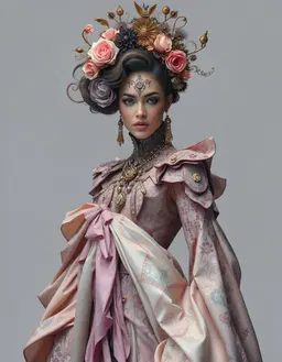 A female aristocratic figure with a high forehead, arched eyebrows, almond-shaped eyes, and freckles on her cheeks, marked by an intricate black henna-style tattoo across her forehead. She wears dark wavy hair styled in an elaborate updo topped by a floral headdress of pink roses, dark blue flowers, gold filigree, and metallic ornaments, and a high-collared ornate gown in dusty rose and cream with ruffled shoulders, brooches, a heavy gold necklace with pearls, tassel earrings, and a large pink satin bow at the waist. Her visage is framed by a neutral expression and a direct gaze, emphasizing her defined cheekbones, full lips, and elegant attire.