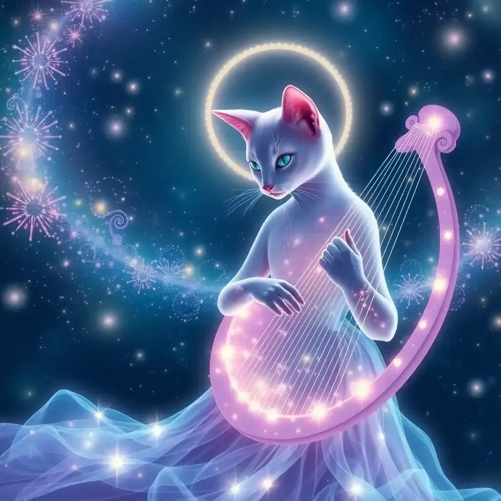 Step into an enchanting dreamscape where the graceful 'Melodia' strums the glowing strings of an ethereal lyre. Each note sends ripples through the air, transforming into a mesmerizing aurora of glittering lights. Engulfed in a pastel lavender halo, her feline elegance brings the night to life with a riveting concert that echoes through the cosmos.