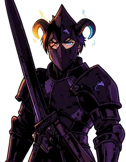 image 1 is obsidianknight. obsidianknight: character portrait of masculine, a boy, a shadowy armoured knight with a tall helm and a heavy blade, bart, curved horns, one flashing with orange and blue, black, a scar over one eye, cool and confident, in the style of deltarune dark world art, retro jrpg character portrait, bold clean lineart, deep purples and blacks with glowing neon accents, dramatic shading, head and shoulders, facing forward, plain flat white background. the portrait shows a boy with a shadowy armor, tall helm, heavy blade, and curved horns. a scar crosses one eye, and neon orange and blue light flicker across his black armor. his posture is confident, head straight forward, surrounded by deep purple and black shadows with glowing neon accents, clean line art and dramatic shading, set against a plain white background.