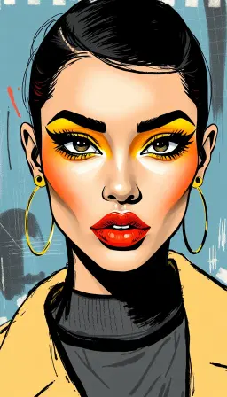 fashion model face illustration in bold basquiat style, featuring almond‑shaped eyes with glossy black winged eyeliner, bright yellow eyeshadow, and vivid red‑orange lips rendered in rich, colorful brushstrokes and childlike doodles; matte skin expressed through crayon‑like texture and expressive charcoal stippling, while the full‑body pose shows the model in a sleek, fashion‑forward outfit with clean lines and bold silhouettes, all unified by single‑line hatching and cel‑shaded accents that blend into the energetic, abstract basquiat aesthetic.
