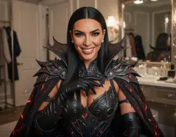 kim kardashian, glamorous pop star, captured in an intimate close‑up movie‑style scene, seated in a luxurious home dressing area, lips curled into a mischievous evil smile, eyes glittering with confident cunning, wearing an elaborate evil‑themed costume with dark, ornate armor pieces, sleek black leather gloves, dramatic flowing cape with crimson embers, intricate metallic detailing and sharp angular silhouettes, soft ambient lighting highlighting her flawless skin and sparkling makeup, high‑resolution portrait emphasizing the contrast between her glamorous celebrity aura and the sinister, theatrical outfit, cinematic composition with shallow depth of field focusing on her expressive face and the dramatic costume elements.