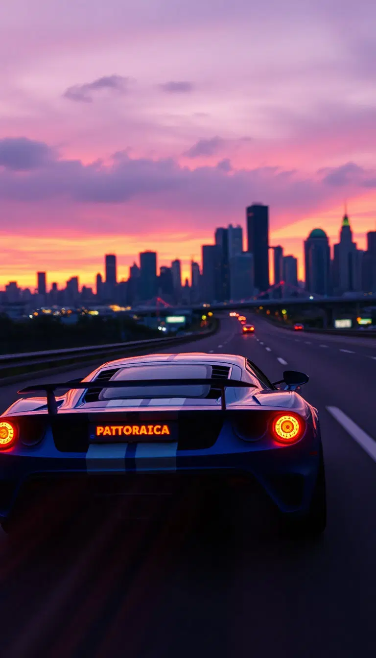 80s aesthetic: blue sports car with white racing stripes at high speed seen from behind at sunset, purple and orange sky, city skyline in the background, neon lights, vintage film grain, cinematic lighting, subjective shot, retro atmosphere, photorealistic, 80s movie vibe