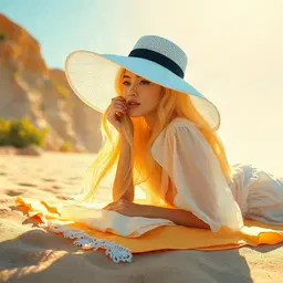 vibrant vector art style with bold crisp lines, geometric shapes, vivid gradient colors, and stylized hair that gives a sleek, luxurious appearance, rendered in a graphic illustration that emphasizes bold lines and vivid color transitions; ultra‑luminous sunny girl portrayed in a renaissance‑style fantasy scene bathed in golden sunlight, wearing a large white sun‑hat, with very long flowing blonde hair cascading over airy chiffon layers and translucent fabrics, surrounded by a radiant floral atmosphere and dreamy pastel palette, glowing soft light and magical summer glow, impressionistic floral textures and gentle motion that convey serene beauty, delicate feminine elegance, and ethereal happiness; the woman lies relaxed on a bright beach towel on a sun‑kissed shoreline, gentle waves lapping nearby and warm sand reflecting the golden light, creating a serene, happy summer moment.