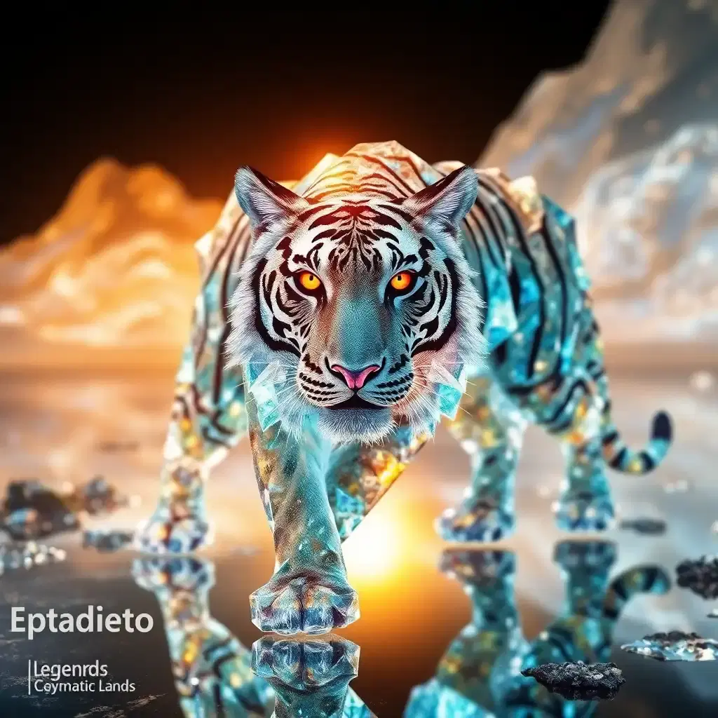 Journey to the prismatic lands where a legendary crystal tiger strides through reflective terrain. Its skin, a living cascade of glittering facets, encapsulates entire worlds within each crystalline frame. The tiger's eyes, fierce and knowing, burn like twin suns. With every step, it reshapes reality around it, bending the light of existence to its own majestic design.