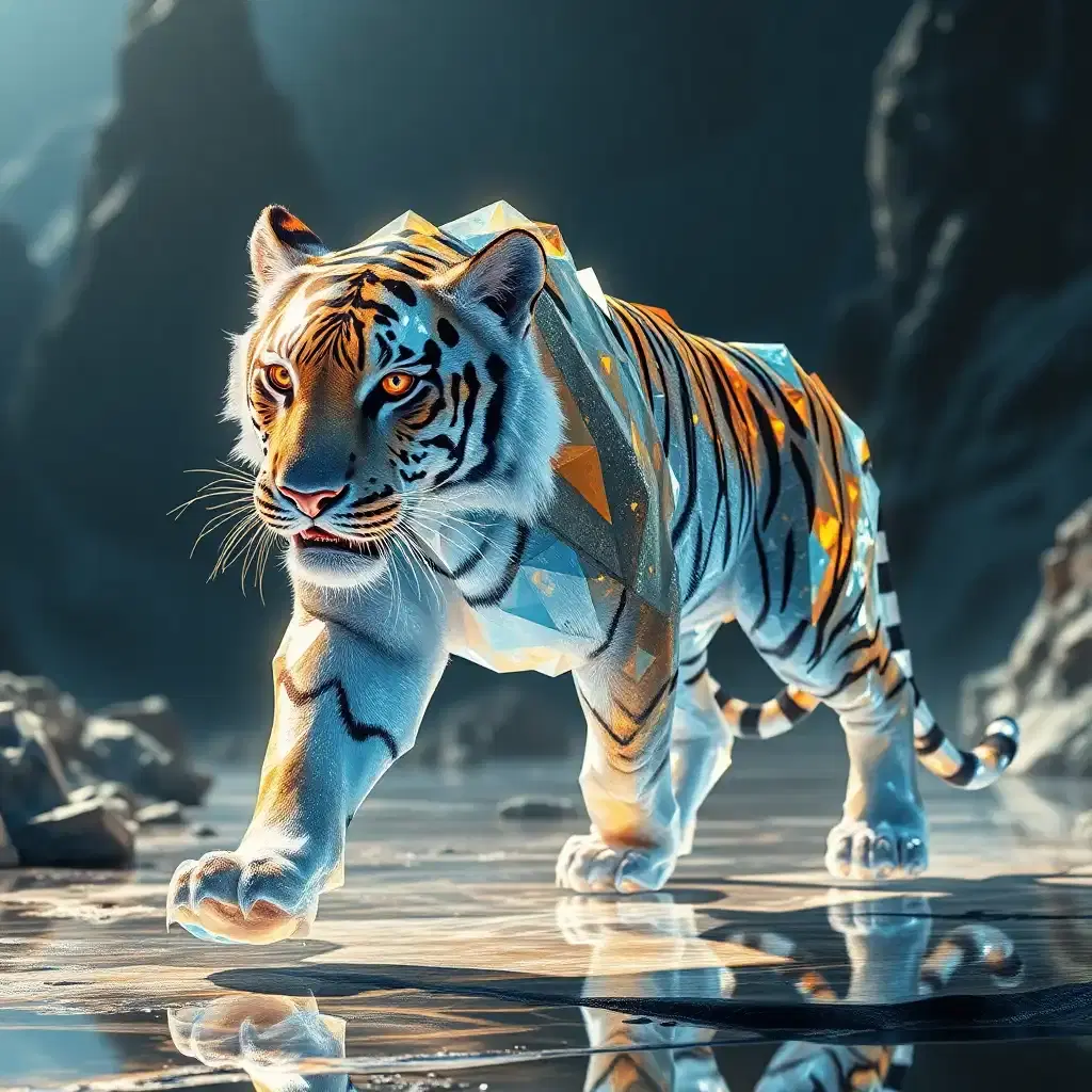 Journey to the prismatic lands where a legendary crystal tiger strides through reflective terrain. Its skin, a living cascade of glittering facets, encapsulates entire worlds within each crystalline frame. The tiger's eyes, fierce and knowing, burn like twin suns. With every step, it reshapes reality around it, bending the light of existence to its own majestic design.