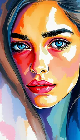 a luminous portrait of a very pretty woman rendered in the expressive watercolor style of hulya ozdemir, featuring vibrant, bold washes of color that capture the subject’s expressive gaze and delicate features. the composition blends hulya ozdemir’s signature blend of bright, saturated hues with intricate, fine detail in the eyes, lips, and subtle facial contours. overlaying this watercolor foundation is an abstract embroidered layer inspired by modern kandinsky-like abstraction, constructed from tactile felt and soft wool textures that add a three‑dimensional, almost sculptural quality to the painting. the embroidered strokes are muted blue accents that echo cool pastel tones, creating gentle shadowing and a subtle depth that contrasts with the vivid watercolor backdrop. the entire scene is illuminated by a midnight glow effect, with neon turquoise rim lighting that creates a soft halo around the subject. a pastel gradient overlay washes over the image, reinforcing icy blue muted palette tones while enhancing the cool, tranquil mood of the artwork.