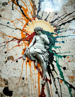 extreme close‑up of the birth of venus on a polished terrazzo surface, neo‑dada style collage with drips, splashes and found‑material textures, central figure sharply focused while surrounding edges dissolve into vortex‑like motion blur and streaked light trails, airy composition with fluid ink‑wash strokes and shimmering highlights, chaotic urban detritus palette, messy improvisational assemblage, vibrant chance juxtaposition.