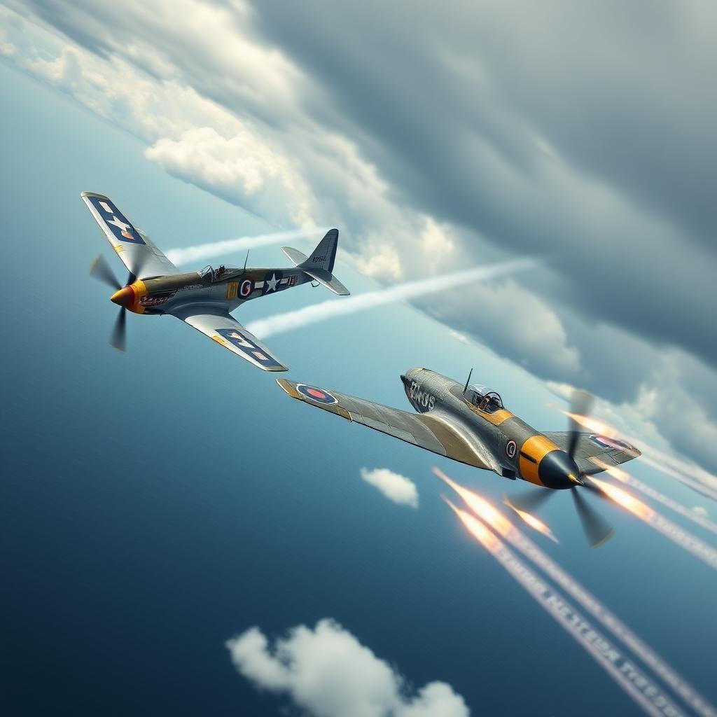 A high-speed dogfight between two vintage fighter jets over an ocean. One plane performs a tight barrel roll while the other fires tracer rounds. The scene is full of motion, with vapor trails streaking behind the jets and dramatic clouds in the background.