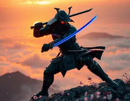 a high‑tech futuristic robotic samurai in a low‑stance combat kata atop a mist‑veiled mountain ridge at golden‑hour sunrise, matte‑black carbon fiber plates, gunmetal plating, segmented kabuto helmet, hydraulic pistons, neon coolant lines, faceless obsidian visor with crimson sensor, plasma‑edged katana leaving an ionized trail, micro‑thrusters emitting blue exhaust, cherry blossom petals swirling. rendered in hyper‑stereoscopic 3d pop‑out style with crisp anaglyph cyan‑red edge separation, extreme luminance contrast, deep shadows beneath foreground elements, and the central samurai sharply colorless, appearing to break the flat plane of the image.