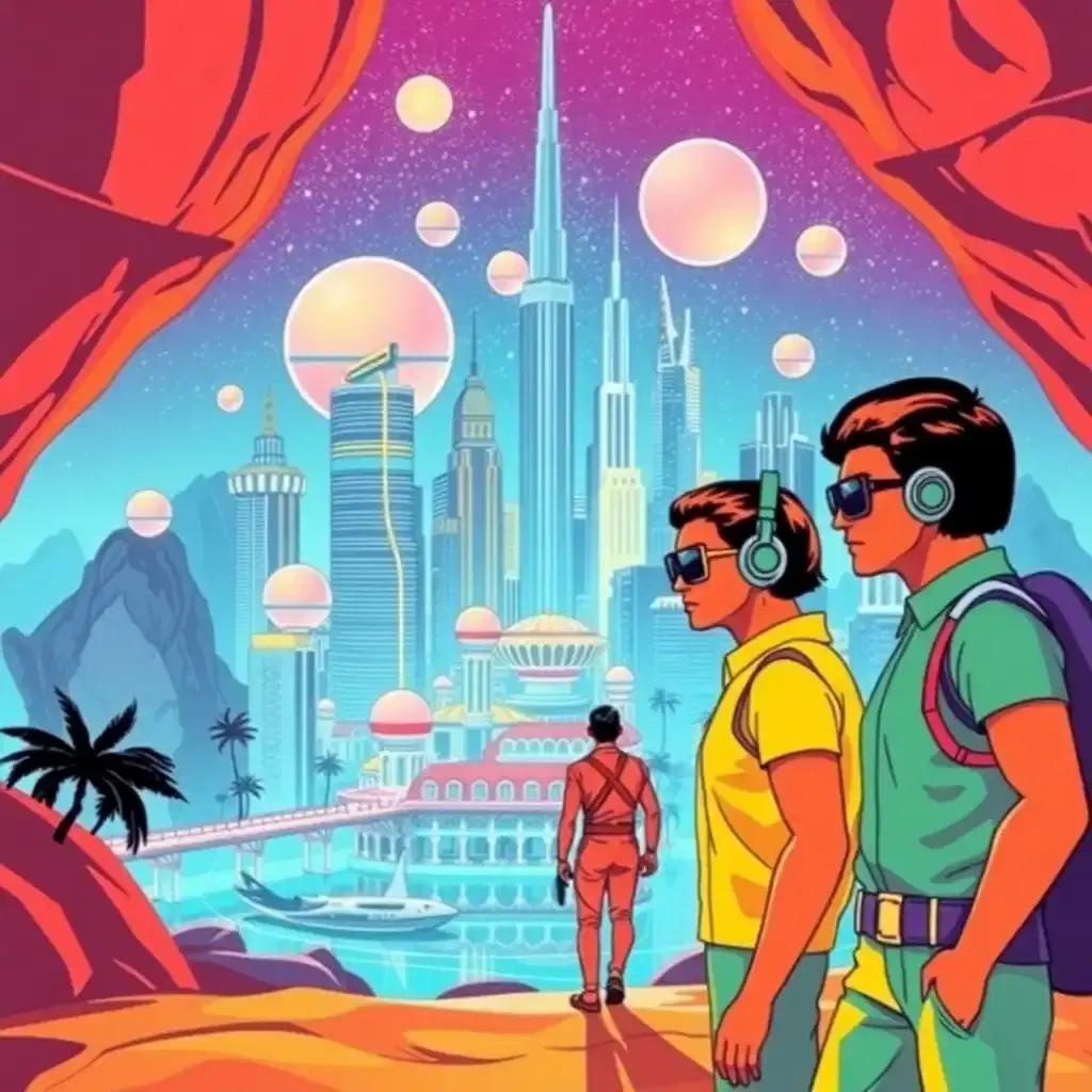 Illustrate a futuristic celebration of retro design, with human figures illustrated in bold pop art colors, set against a shimmering city that mirrors an explorer's paradise from another era. The vibrancy encapsulates a society that blends the ideals of futuristic optimism with timeless style.