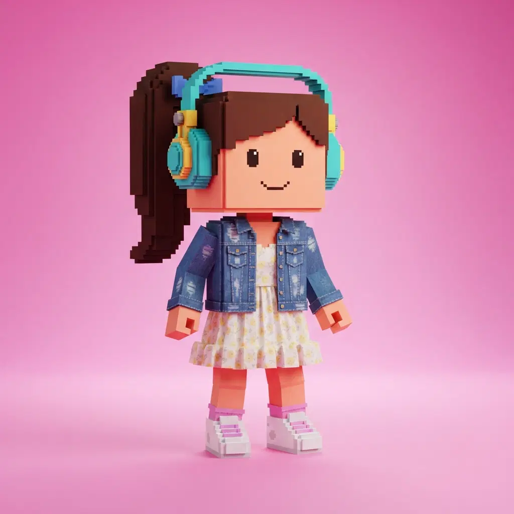 blocky 3D avatar girl character, cube head with a simple smiling face, flat peach skin, long ponytail hair item, denim jacket layered over a sundress, sneakers, oversized headphones, bright pink studio background