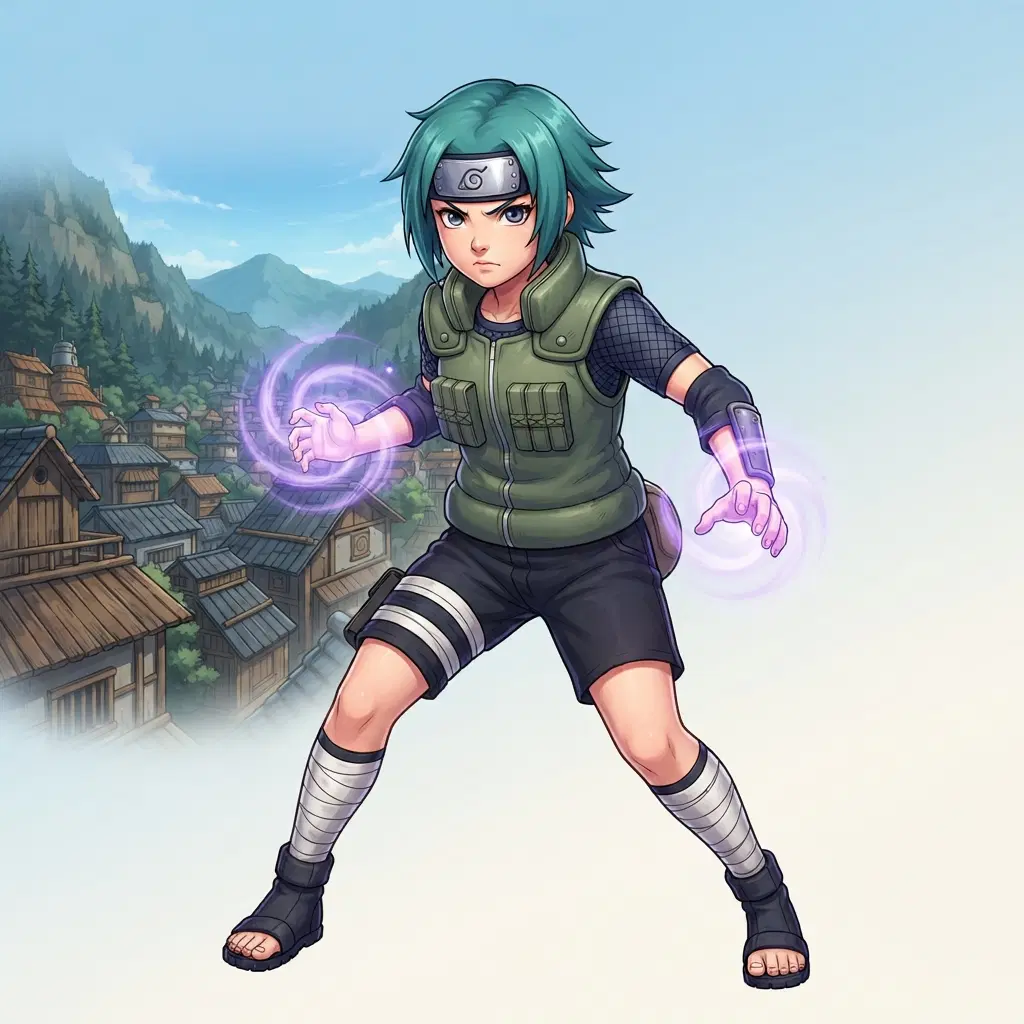 young ninja girl with short teal hair, metal forehead headband stamped with a simple swirl-leaf symbol, green flak vest over dark mesh shirt, bandaged shins, glowing violet energy around her hands, anime style, wooden rooftops of a hidden mountain village behind her