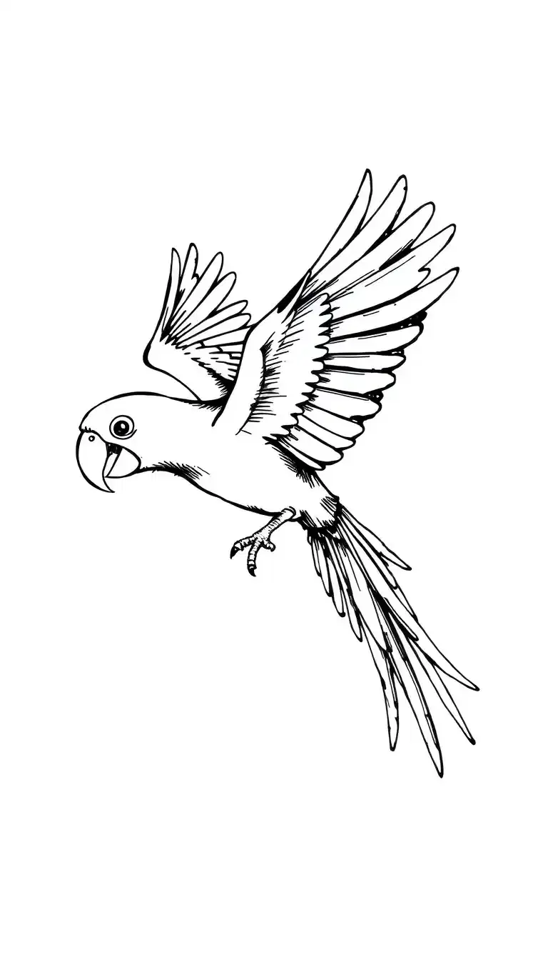 A black and white hand-drawn sketch of a parrot in flight, with a long, curved beak and vibrant, feathery wings spread wide. The bird's tail feathers fan out beautifully, and it's caught mid-flight with a sense of movement. The background is plain white, making the bird's intricate details pop.