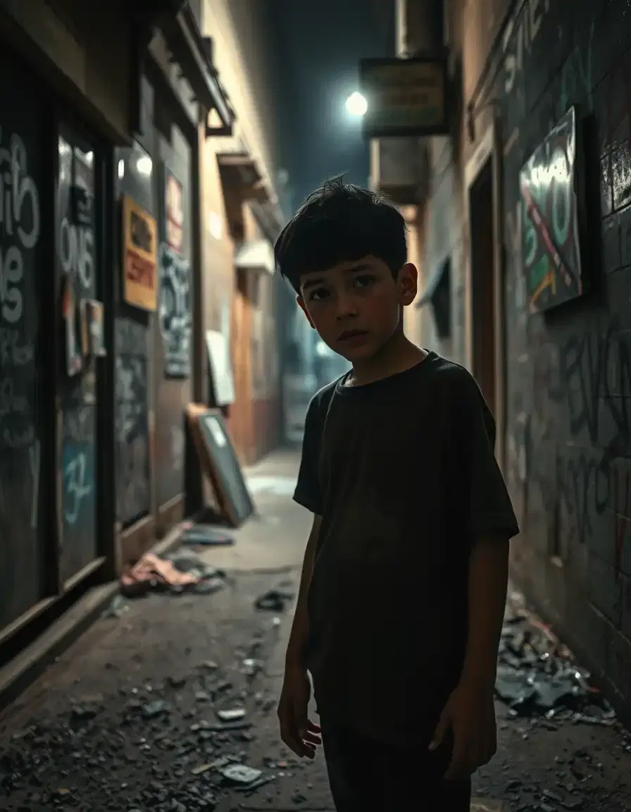 Neglected young boy standing near a dark alley filled with crime signs like drugs, knives, and graffiti, looking lost — dramatic lighting, cinematic HDR style