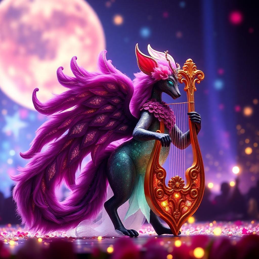 Behold a dazzling orchestral spectacle as the whimsical 'Melodia' graces the stage with her majestic presence. Every flick of her velvety tail releases waves of sparkling sound, touching the strings of her polished lyre. Experience a symphony that blossoms into flowing tapestries of light and sound, immersing you into a surreal, vibrant festival.
