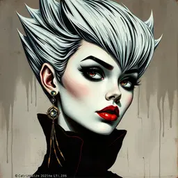 elegant chic high‑fashion illustration of a dynamic expressive character in dramatic close‑up, now rendered in catrin welz stein’s surreal, ethereal style that blends vintage folklore and classic children’s‑book imagery, **mash with banksy stencil style featuring stark black and white outlines**. the figure’s angular textured hair and sharp irises appear against a dreamlike mixed‑media canvas, with acrylic washes and muted pastel tones evoking nostalgic nostalgia, **on a gritty concrete texture and urban grunge backdrop**. subtle metallic gold and silver leaf accents shimmer like memory, while soft, misty lighting and surreal shadows create a subconscious atmosphere, **enhanced by dramatic high‑contrast lighting**. the composition balances high‑contrast chiaroscuro with whimsical, vintage‑inspired details, giving the couture silhouette a fantastical, otherworldly elegance.
