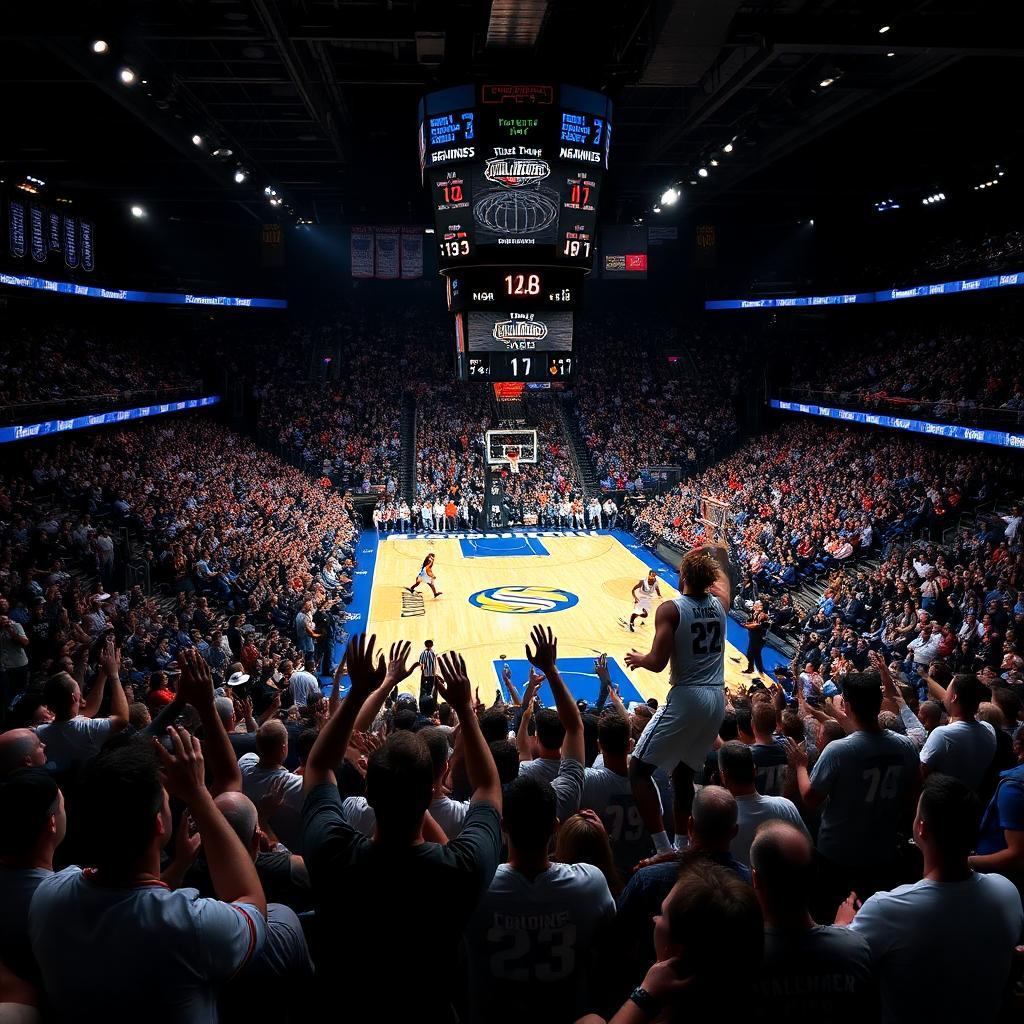 A packed basketball arena roars with excitement as two rival college teams battle it out in the final seconds of a March Madness game. The scoreboard shows a tie, and the star player from one team dribbles down the court, eyes locked on the hoop. Fans hold their breath as he takes the game-winning shot—will it go in? The stadium lights cast a dramatic glow over the court, and the atmosphere is electric with tension and adrenaline.