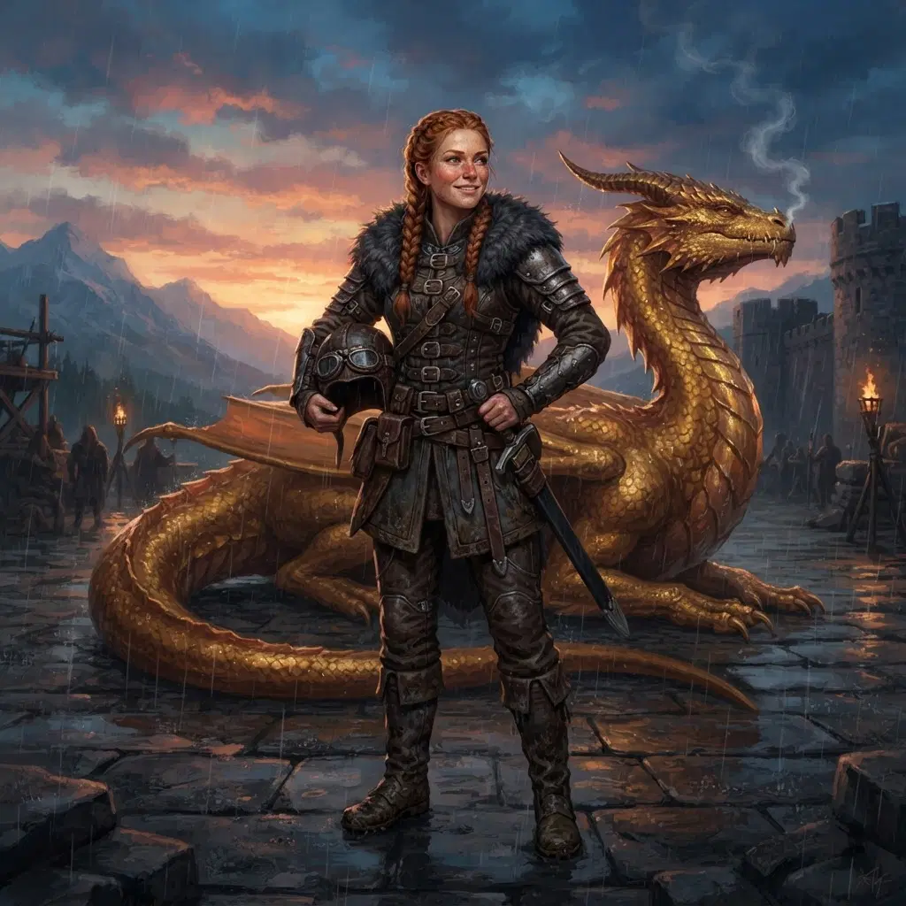 dragon rider woman with braided red hair and freckles, dark leather flight gear with a fur collar, holding a leather helmet, standing on a rain-soaked landing field, a sleek gold dragon with smoke curling from its nose resting behind her, moody sunset light, painterly fantasy book cover art, full body