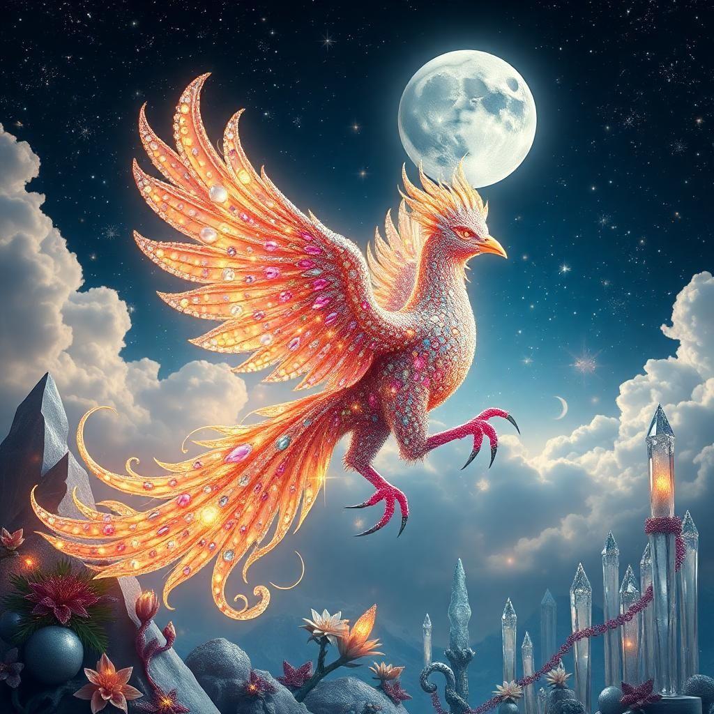 in a universe of infinite possibilities, behold a resplendent lunar phoenix, its body a dazzling mosaic of bejeweled opulence. iridescent feathers, studded with diamonds, rubies, and sapphires, shimmer like a thousand moonlit rainbows, each plume a masterful tapestry of constellations embroidered with glittering gemstones. as it soars through the star-strewn sky, the celestial creature leaves trails of glittering stardust in its wake, painting the heavens with an artistry of luminescent splendor. beneath its flight path, a whimsical land of fantastical flora, crafted from crystalline structures that refract and reflect light, shimmers in the nocturnal glow, its delicate petals and leaves studded with precious gems, while towering crystalline sculptures, adorned with glittering gemstones, seem to defy gravity, their facets glinting like a thousand tiny mirrors.