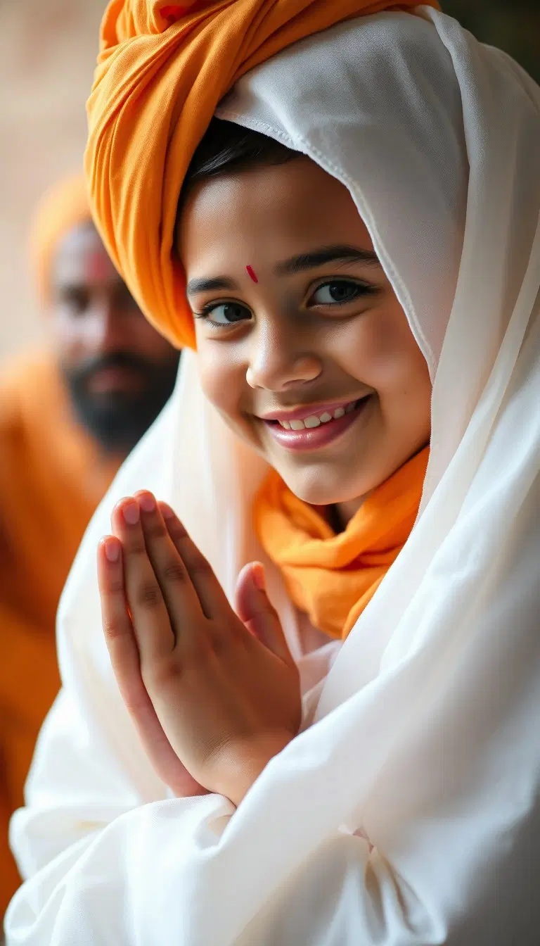 Guru Har Krishan Ji blessing children, gentle smile, soft natural light, photorealistic portrait.