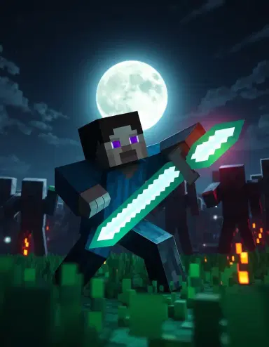 Minecraft player fighting zombies under the moonlight, pixel sword glowing, dramatic action pose, 4K mobile wallpaper