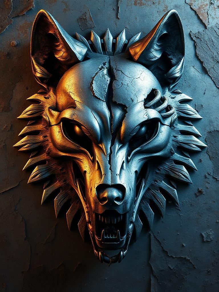 create an image of a metallic wolf skeleton face with a broken, glitchy surface. the metal is worn, rusty, and faded, with sharp edges and harsh crevices. the light catches the rough texture, casting deep shadows and highlights that make the wolf's face look like it's been through a digital storm. one entire side of the wolf's face deteriorates into a stark, skeletal visage, devoid of all flesh, where the fragile, ghostly structure of bare bones seems almost ethereal, amplifying the contrast between the ravaged metal and the remnants of the wolf's essence, allowing the haunting beauty to still glow through the chaotic, ravaged landscape.

