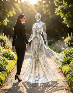a crystalline ice sculpture of a flowing maxi dress drapes over a sunlit garden pathway, its frosted fabric catching gentle breezes and golden light. the sculpted silhouette is centered, outlined by soft shadows, presenting the elegant, floor‑length garment as if carved from winter glass. raven noir strides in from the left, mid‑stride, turning her head to glance toward the frosted dress, her posture confident and poised, her likeness preserved exactly as in the reference image, while the surrounding garden remains unchanged.