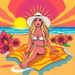 ultra‑luminous sunny girl on a sun‑kissed shoreline, relaxed on a bright beach towel, long flowing blonde hair and white sun‑hat, gentle waves lapping the warm sand, rendered in norval morrisseau style with bold black outlines, flat‑filled vivid colors, cadmium red, electric blue, bright yellow, emerald green, and deep black accents, symbolic power lines linking the figure to surrounding radiant floral forms, frontal iconic composition, energetic auras and x‑ray internal patterns, vibrant spiritual energy radiating across the scene.