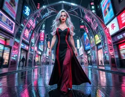 lola reve in an art‑deco cyberpunk metropolis, wearing a sleek neo‑classical gown with red‑black accents, long silver hair catching neon reflections, striking red lips and black eyes, surrounded by chrome‑finished geometric arches, glowing neon kanji signs and holographic billboards, wet reflective pavement; mid‑step, low‑angle zoom burst view with radial motion blur and streaked light trails radiating from the center, central subject crisp while peripheral elements vortex‑blurred, neon‑lit chiaroscuro lighting highlighting her face and hair.