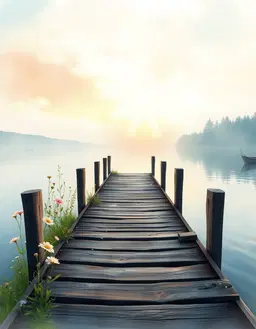 zen landscape with a serene, tranquil mood reminiscent of a peaceful dawn by a quiet lake, rendered in encaustic wax painting style that blends seamlessly into the atmosphere, featuring soft pastel skies, gentle mist over the water, and subtle reflective light on the surface; vintage watercolor realistic hand‑painted illustration style applied with vintage watercolor look, employing whimsical cottagecore elements such as delicate wildflowers, vintage lace patterns, and charming rustic details, all presented with a no‑background composition that isolates the scene; watercolor vintage aesthetic with whimsical character, showing colour bleed effects where pigments flow and merge softly, creating organic edges and a dreamlike quality; dreamy watercolor texture with soft washes, granular surfaces, gentle luminosity, spontaneous brush strokes, and atmospheric nuance that add depth and ethereal light; integrated splash art technique combined with alcohol ink and charcoal, concentrating vivid, dripping acrylic‑like colors in the central area while the edges remain abstract and undefined, giving a dynamic, fluid impression; the entire composition is set on an old wooden pier rendered photorealistically, with weathered planks, subtle wood grain, and a sense of timeless calm, anchoring the tranquil lake scene.