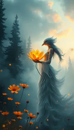 dancing bird‑faced woman holding a molten glass flower in a misty feather forest at dusk, tall dark evergreens fading into cool blue‑gray fog, luminous orange cosmos flowers and floating golden dust, all rendered in a painterly dreamscape style: surreal, atmospheric, dramatic volumetric lighting, oil‑painting texture with loose brushwork, pastel‑toned clouds, golden‑hour glow, ethereal mist, soft dreamy haze, impressionistic motion blur, nostalgic, whimsical and otherworldly palette of pale blues, off‑whites, silvers and warm gold, creating a serene, magical, starry‑sky ambience.