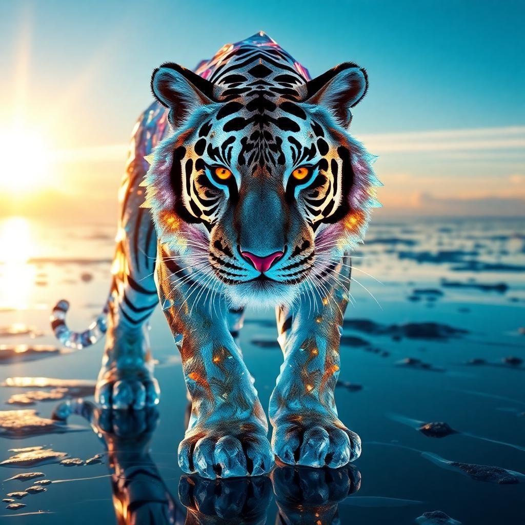 Journey to the prismatic lands where a legendary crystal tiger strides through reflective terrain. Its skin, a living cascade of glittering facets, encapsulates entire worlds within each crystalline frame. The tiger's eyes, fierce and knowing, burn like twin suns. With every step, it reshapes reality around it, bending the light of existence to its own majestic design.