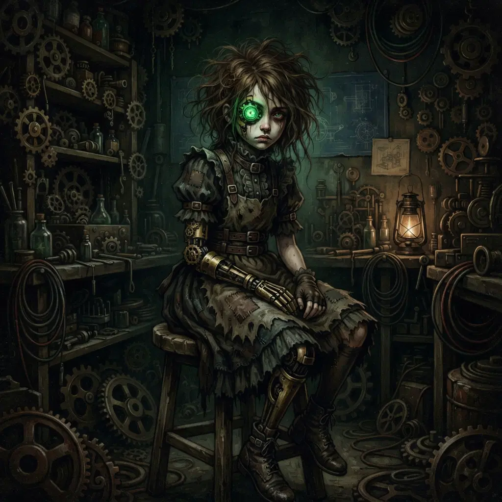 Creepypasta style OC, clockwork girl with one glowing green mechanical eye and messy hair, eerie workshop, digital art, no gore, dark atmosphere