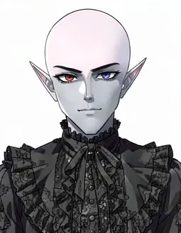 VTuber character portrait of male, a vampire with pale skin, red eyes, small fangs and a high collar, fully clothed, Bald, heterochromatic eyes, a pale grey-tinted complexion, long pointed elf ears, Bald, clean anime VTuber model art, cel-shaded 2D illustration, crisp lineart, vivid colours, soft rim lighting, head and shoulders, facing forward, plain flat white background