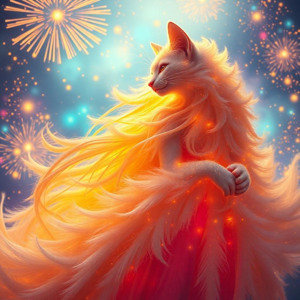 Immerse yourself in the celestial opera crafted by the brilliant imagination of 'Melodia,' where vibrant soundscapes converge with fireworks of light. Captivate your senses as the melodious hues weave stories of wonder, and her sparking fur reflects the timeless dance of light and harmony, leaving you breathless in this dreamlike concerto.