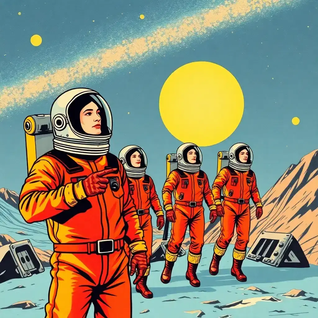 Craft a retro-futuristic collage where the vintage aesthetic meets the limitless cosmos. Picture human figures drawn in pop art style, clad in retro space suits, their actions frozen like pages in a comic book coming to life, evoking a sense of nostalgia for a future that might have been.