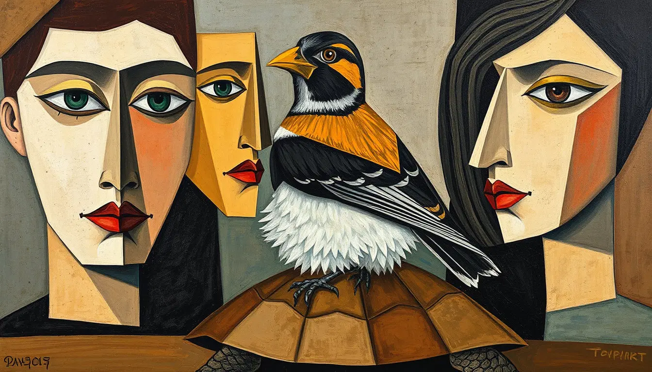 Cubist painting, geometric faces, picasso style, fragmented objects, angular shapes, abstract portrait of a bird on a turtle, cross-hatching.