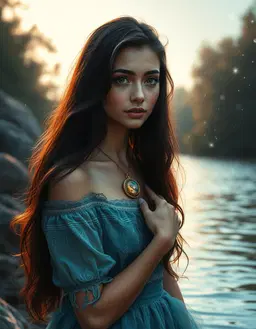 Retrato epico de Nataly, joven de 21 anos. Piel morena calida, cabello negro lacio y largo, ojos marrones profundos. Rasgos delicados y elegantes, mirada serena y melancolica. Viste telas livianas en tonos azul oscuro y turquesa, que parecen fluir como agua. En su muneca lleva una pulsera antigua, su reliquia, que brilla suavemente. El agua responde a su empatia: gotas suspendidas en el aire, reflejos acuaticos alrededor de su figura. Fondo junto a un rio iluminado por destellos magicos. Estilo fantasia realista, atmosfera poetica, iluminacion acuatica.