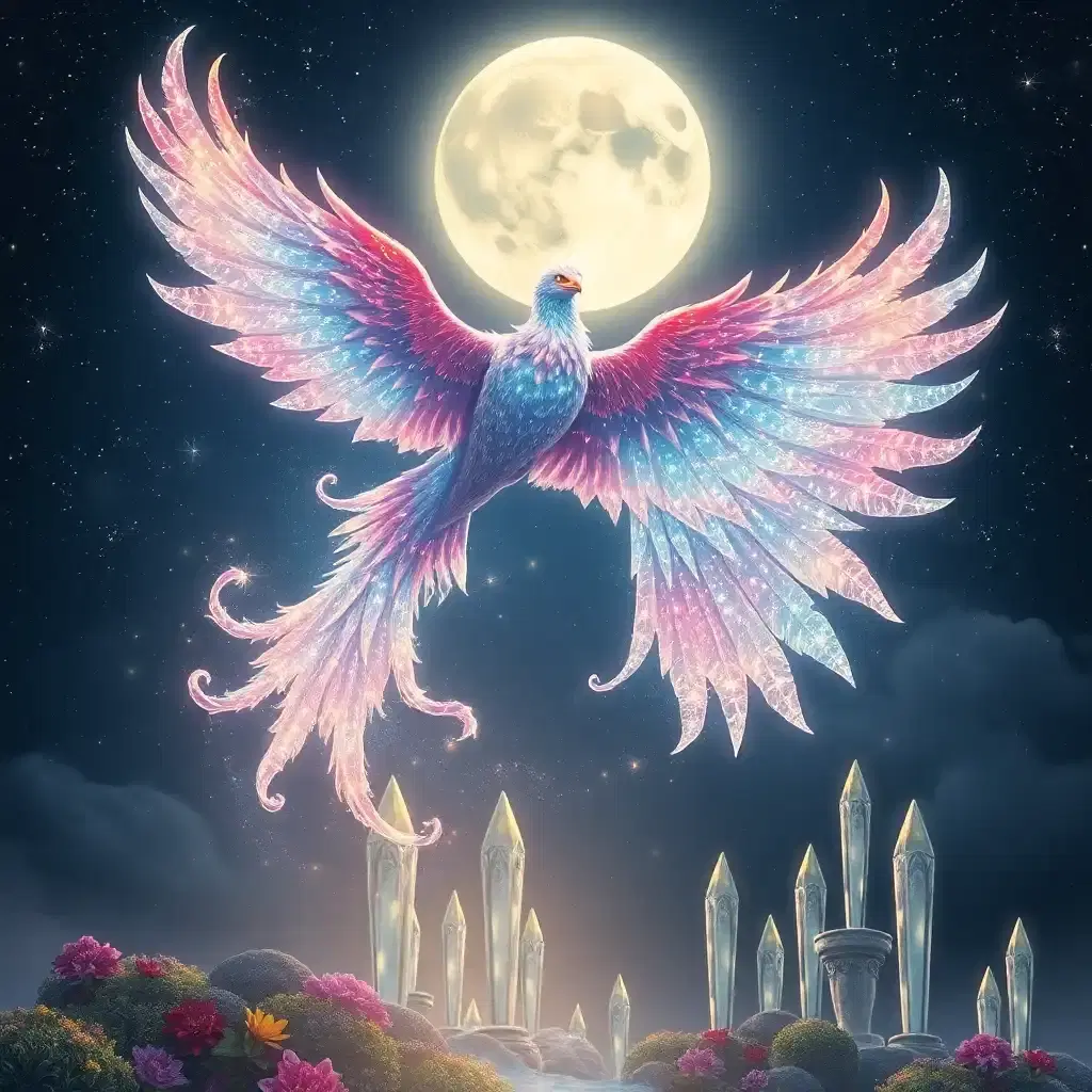 In a universe of infinite possibilities, behold a majestic lunar phoenix soaring through the star-strewn sky. Its iridescent feathers glitter like moonlit rainbows, each plume a tapestry of constellations. As it flies, the celestial creature leaves trails of ethereal stardust in its wake, painting the heavens with luminescent artistry. Beneath its flight path, a whimsical land of fantastical flora and towering crystalline sculptures catches the light, shimmering in the nocturnal glow.