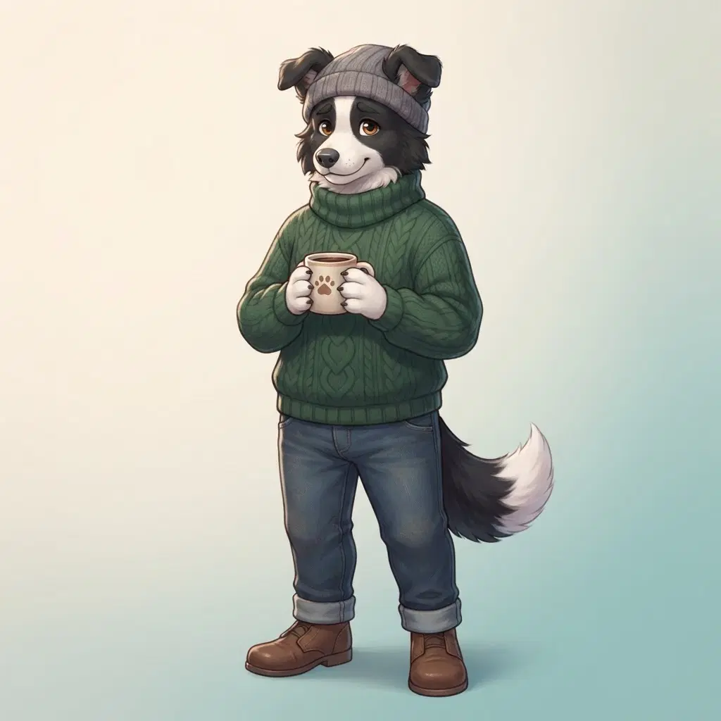 anthro border collie dog fursona character, black and white fur, wearing a cozy sweater and beanie, holding a coffee cup, shy smile, full body, soft furry art style, clean soft gradient studio background, vibrant, crisp high detail, digital illustration
