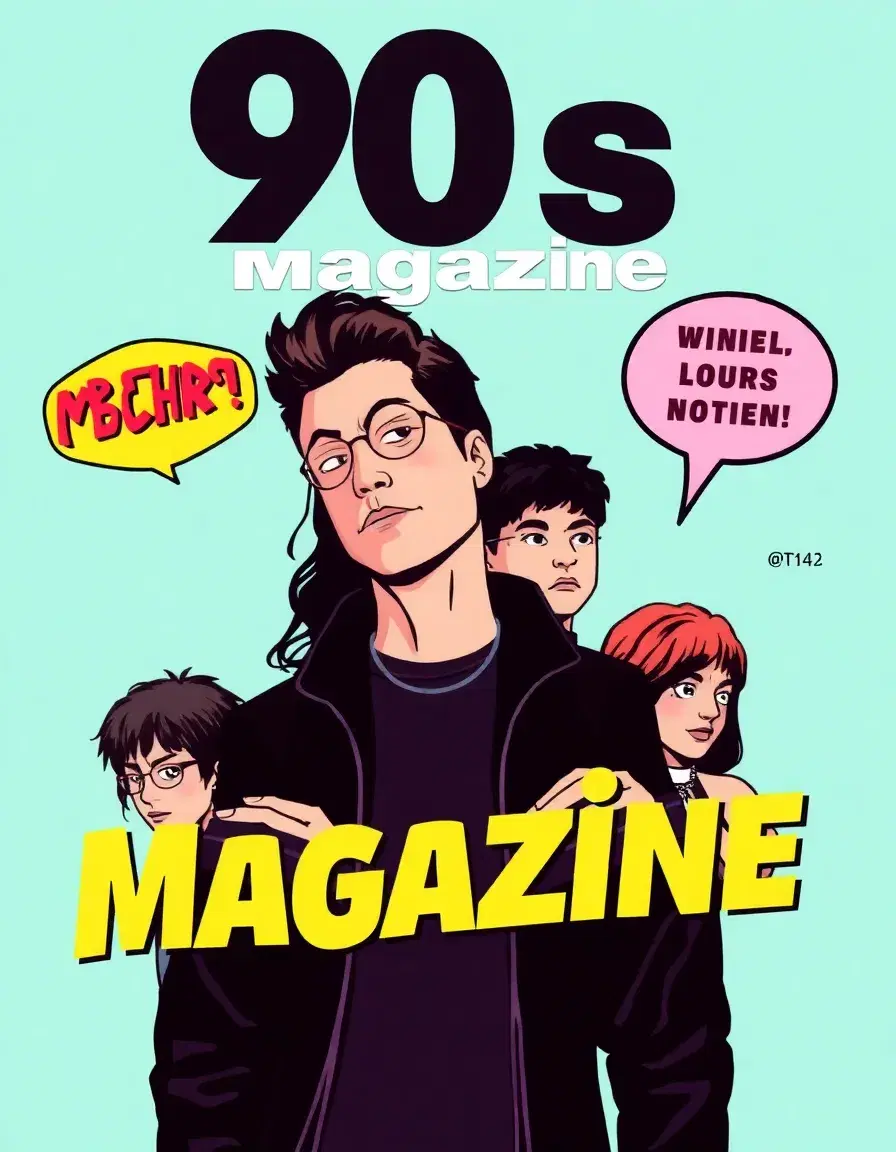 "90s Magazine". 90s poster with cool texts and characters