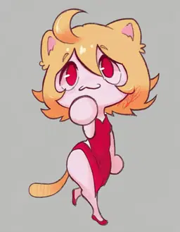 Neko is a chibi‑styled anthropomorphic cat with a humanoid body. She has a large almond‑shaped head with red irises, white catchlights, short spiky blonde hair tipped with orange, pink‑inside triangular ears, a round nose, and a small mouth, while her white skin is complemented by a striped orange tail. She wears a sleeveless red dress with a V‑neckline and red high‑heeled shoes. Her pose is dynamic, with weight on her right leg, left leg extended back, and her right arm raised to her chin.