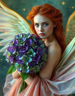 a young realistic beautiful angelic woman in a vibrant, cosmic aura, her thick wild orange hair and luminous complexion, she is holding large bouquet of purple and green hydrangeas set amidst a rich, layered textures, tones of teal and aqua golden hues blend in a dreamlike dance, with delicate, shimmering threads infused with glowing fairy dust, and an unfolding, iridescent silk gown that unfurls across her body in a fluid, organic silhouette