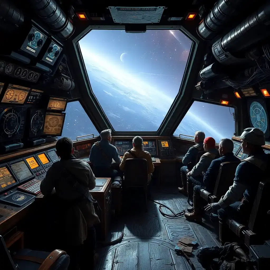 Inside the control room of a space pirate ship, the atmosphere is tense and chaotic. Pirate crew members, wearing a mix of tattered clothing and armored gear, work at various stations, monitoring star charts and tracking enemy ships. The control panels are old and worn, with flickering lights and patched-up machinery. Through the large viewport, the vastness of space can be seen, with distant stars and passing comets. The ship's interior is filled with rough, utilitarian furnishings, and the hum of the ship’s engines is constant in the background.