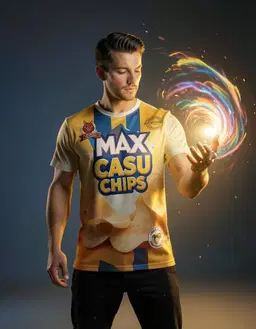 MAX CASU CHIPS stands centered in a dynamic composition, bathed in soft, directional golden light that highlights the contours of their face and the texture of their outfit. They pose confidently with one hand relaxed at their side and the other reaching toward a luminous, ethereal swirl of color that seems to emanate from the surrounding space, suggesting artistic power. Their expression is focused yet serene, eyes fixed on the swirling palette, conveying mastery and creative intensity. The background is a minimalist studio setting with subtle gradients of deep blue and warm amber, allowing the lighting to sculpt the scene. Extreme detail is emphasized: every fabric thread, skin tone nuance, and hair strand from the reference image is rendered faithfully, while the environment glows with realistic reflections and subtle shadows that ground MAX CASU CHIPS in the scene. The overall mood is inspirational, showcasing the unparalleled skill of the artist and the impact of the image on viewers. (Extreme Detail, style)