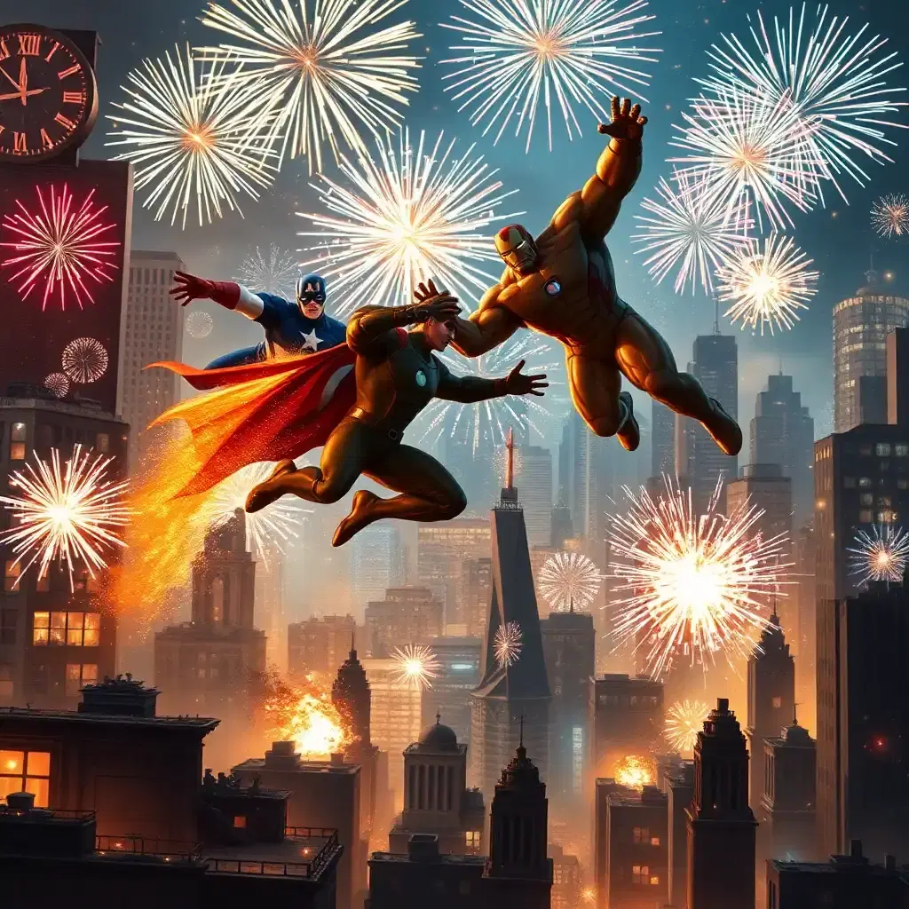 a spectacular, pyrotechnic-filled new year's eve scenario: fireworks explode over a ravaged metropolis, while a legendary battle ensues between the fantastic four and the avengers. amidst the sparkling lights of countdown clocks, captain america charges towards the thing, their monumental collision radiating shockwaves that knock over wrecked skyscrapers.

amidst the chaotic backdrop, mister fantastic soars through the desolate skies, effortlessly dodging iron man's repulsor blasts as he weaves an intricate dance, his body stretched to incredible lengths. the human torch speeds through the night air, leaving a blazing trail of sparks, as he clashes with thor, hammer shattering against the warm glow of the torch's flames. invisible women conjures brilliant auroras with her force fields, countering doctor strange's mystical spells with her own brilliance.

as the city descends into madness, fireworks illuminate the battlescape: glittering sparks rain above, while explosive bursts light up the background, highlighting the fusion of superhuman strength and pyromania. amidst this unforgettable melee, the avengers and the fantastic four momentarily cease their ferocity, joining hands in a surprising new year's celebration – fireworks exploding in time with the first seconds of new year, redefining heroism in a shining spectacle.